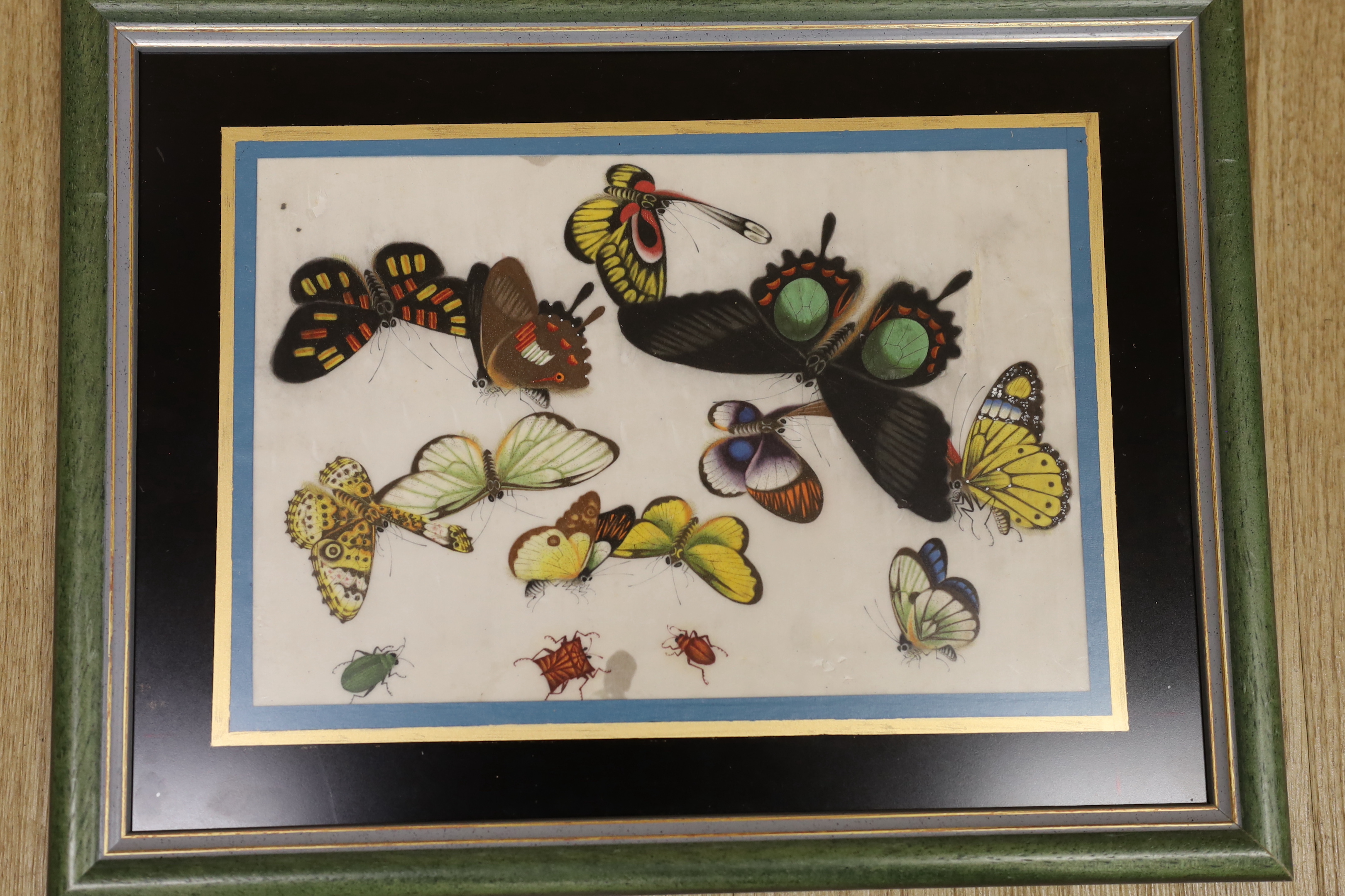 Two Chinese pith paper paintings, butterflies and junks, 17 x 25cm